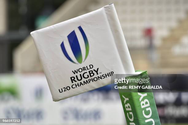 Picture taken on June 3, 2018 shows a line-out post during the World union Rugby U20 Championship match between Australie and Japan at the Parc des...