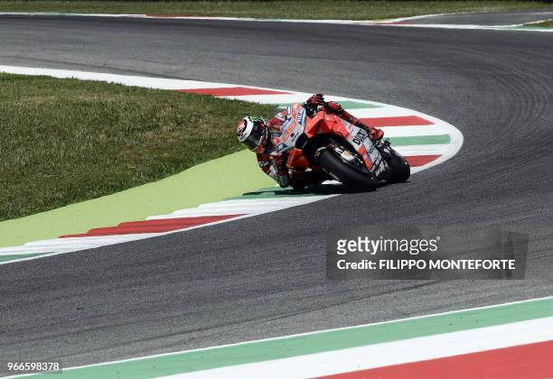 Ducati Team's Spanish rider Jorge Lorenzo takes a bend during the Italian Grand Prix Moto GP at the Mugello track on June 3, 2018.