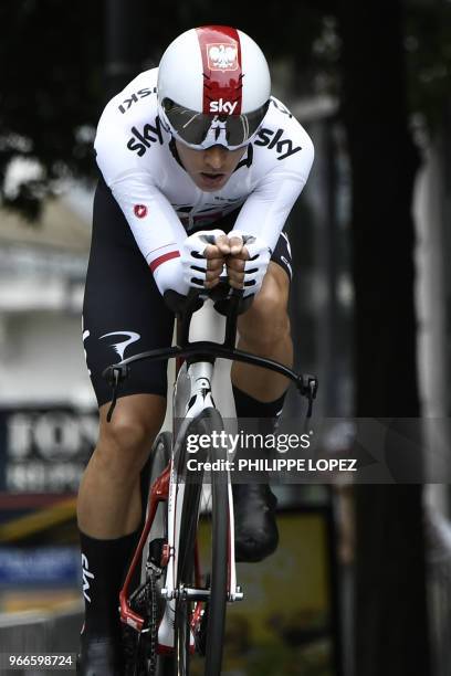 Poland's Michal Kwiatkowski rides during a 6,6 km individual time-trial, the prologue of the 70th edition of the Criterium du Dauphine cycling race...