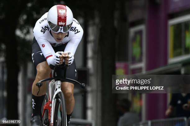 Poland's Michal Kwiatkowski rides during a 6,6 km individual time-trial, the prologue of the 70th edition of the Criterium du Dauphine cycling race...