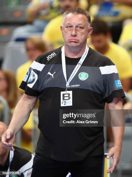 Head coach Michael Biegler of Leipzig reacts during the DKB HBL match between Rhein-Neckar Loewen and DHfK Leipzig at SAP Arena on June 3, 2018 in...