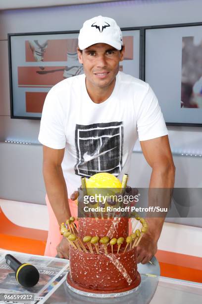 Tennis Player Rafael Nadal celebrates his 32nd Birthday at France Television french chanel studio during the 2018 French Open - Day Eight at Roland...