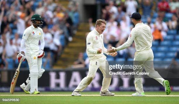 Dominic Bess of England celebrates dismissing Imam-ul-Haq of Pakistan during day three of the 2nd NatWest Test match between England and Pakistan at...