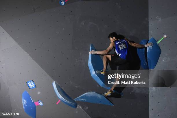 Rei Sugimoto of Japan competes during the Men's final on day two of the IFSC World Cup Hachioji at Esforta Arena Hachioji on June 3, 2018 in...