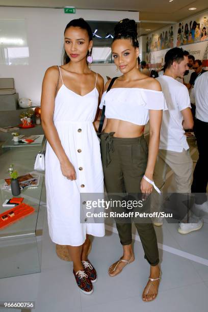 Miss France 2014 Flora Coquerel and Miss France 2017 Alicia Aylies attend the 2018 French Open - Day Eight at Roland Garros on June 3, 2018 in Paris,...