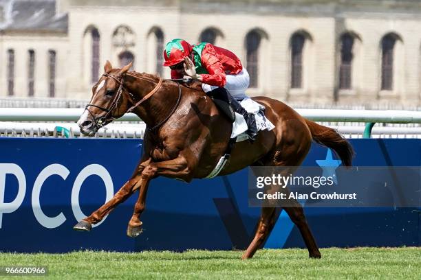 Pierre-Charles Boudot riding Waldgeist win The Prix de Chantilly during the Prix du Jockey Club meeting at Hippodrome de Chantilly on June 3, 2018 in...