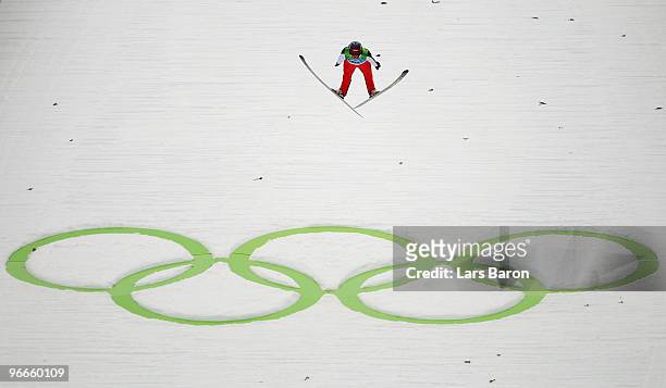 Robert Kranjec of Slovenia competes during the Ski Jumping Normal Hill Individual Trial Round on day 2 of the Vancouver 2010 Winter Olympics at...