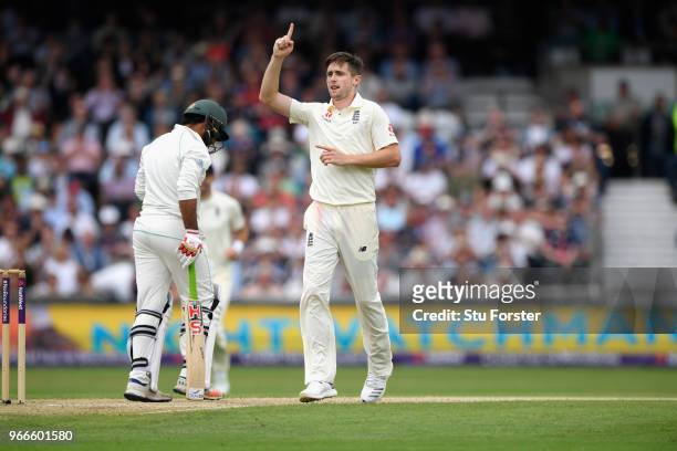 England bowler Chris Woakes celebrates after dismissing Sarfraz Ahmed during day three of the 2nd Test Match between England and Pakistan at...