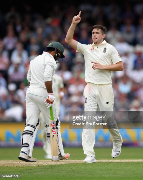 England bowler Chris Woakes celebrates after dismissing Sarfraz Ahmed during day three of the 2nd Test Match between England and Pakistan at...