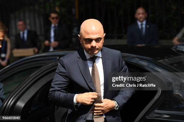 Sajid Javid, the British Home Secretary arrives at Southwark Cathedral to attend the first anniversary of the London Bridge terror attack on June 3,...