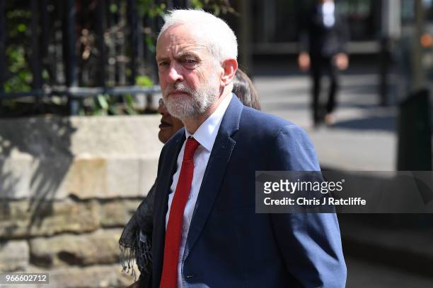 Leader of the Labour Party, Jeremy Corbyn arrives at Southwark Cathedral to attend the first anniversary of the London Bridge terror attack on June...