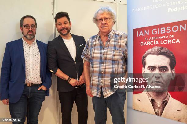 Victor Fernandez, Miguel Poveda and Ian Gibson present 'El Asesinato de Garcia Lorca' during the 'Books Fair 2018' at the Retiro Park on June 3, 2018...