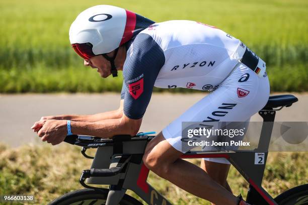 Jan Frodeno competes in the bike leg during the Sparkasse IRONMAN 70.3 Kraichgau powered by KraichgauEnergie on June 3, 2018 in Kraichgau, Germany.