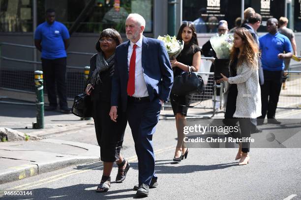 Leader of the Labour Party, Jeremy Corbyn and Shadow Home Secretary Diane Abbott walk through Borough Market on their way to Southwark Cathedral to...