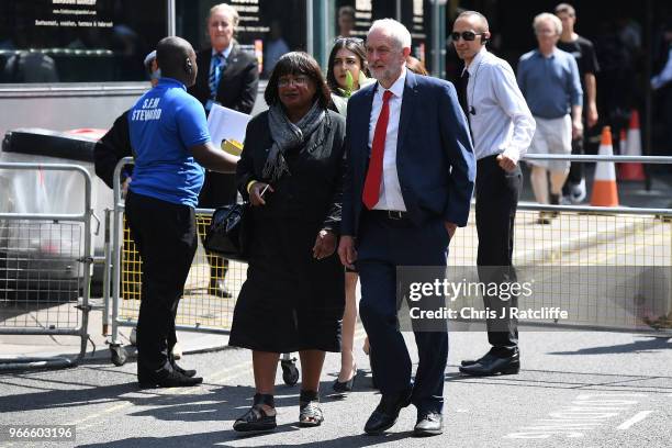 Leader of the Labour Party, Jeremy Corbyn and Shadow Home Secretary Diane Abbott walk through Borough Market on their way to Southwark Cathedral to...