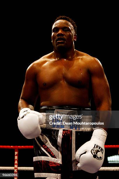 Dereck Chisora of Finchley celebrates victory over Carl Baker of Shefield in their Eliminator for British Heavyweight Title bout at Wembley Arena on...
