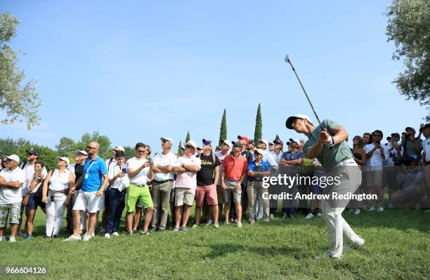 Thorbjorn Olesen plays his second shot on the 15th hole during the final round of the Italian Open at Gardagolf Country Club on June 3, 2018 in...