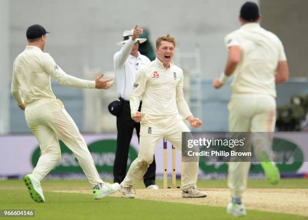 Dom Bess of England celebrates after dismissing Imam-ul-Haq during the third day of the 2nd Natwest Test match between England and Pakistan at...