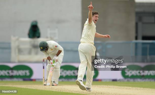 Chris Woakes of England celebrates after dismissing Sarfraz Ahmed during the third day of the 2nd Natwest Test match between England and Pakistan at...