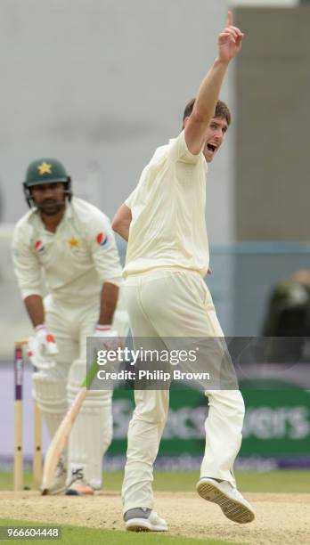 Chris Woakes of England celebrates after dismissing Sarfraz Ahmed during the third day of the 2nd Natwest Test match between England and Pakistan at...