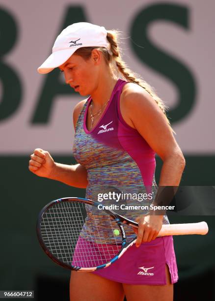 Yulia Putintseva of Kazhakstan celebrates during her ladies singles third round match against Barbora Strycova of Czech Republic during day eight of...