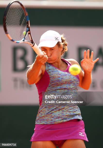 Yulia Putintseva of Kazhakstan plays a forehand during her ladies singles third round match against Barbora Strycova of Czech Republic during day...