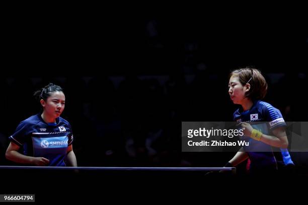 Jeon Jihee and Yang Haeun of South Korea in action at the women's doubles final compete with Zhu Yuling and Zhu Yuling of China during the 2018 ITTF...