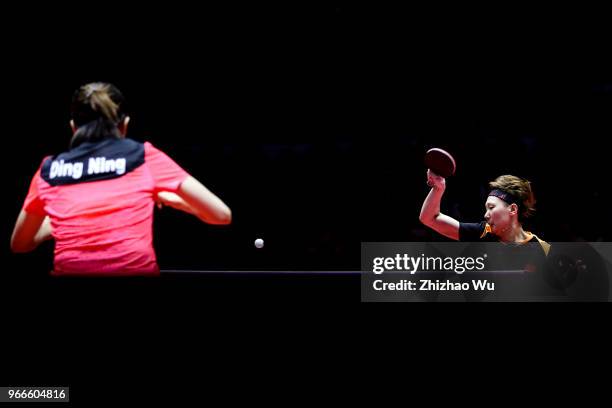 Wang Manyu of China in action at the women's singles final compete with Ding Ning of China during the 2018 ITTF World Tour China Open on June 3, 2018...