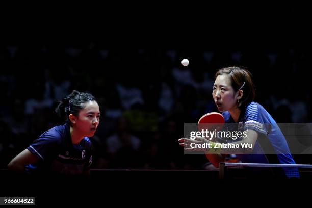 Jeon Jihee and Yang Haeun of South Korea in action at the women's doubles final compete with Zhu Yuling and Zhu Yuling of China during the 2018 ITTF...