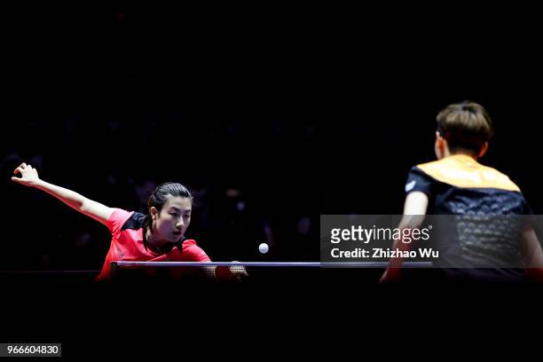 Ding Ning of China in action at the women's singles final compete with Ding Ning of China during the 2018 ITTF World Tour China Open on June 3, 2018...