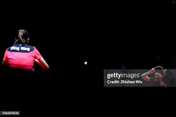 Wang Manyu of China in action at the women's singles final compete with Ding Ning of China during the 2018 ITTF World Tour China Open on June 3, 2018...