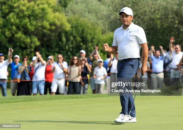 Francesco Molinari of Italy celebrates a birdie on the 16th hole during the final round of the Italian Open at Gardagolf Country Club on June 3, 2018...