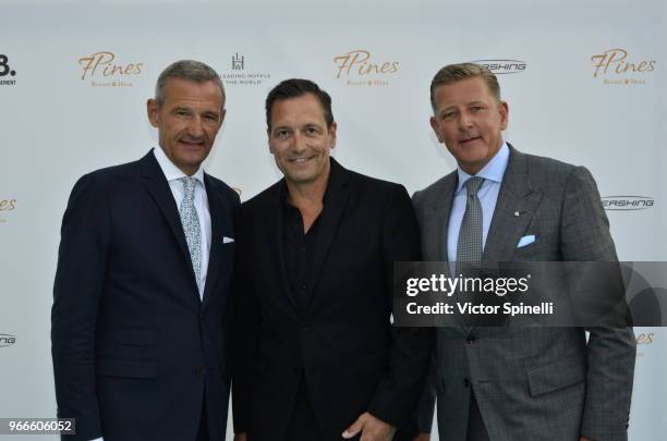 Jurgen Lindner, Dieter Nuhr and Kai Richter attend Seven Pines Resort Ibiza Opening on June 2, 2018 in Ibiza, Spain.