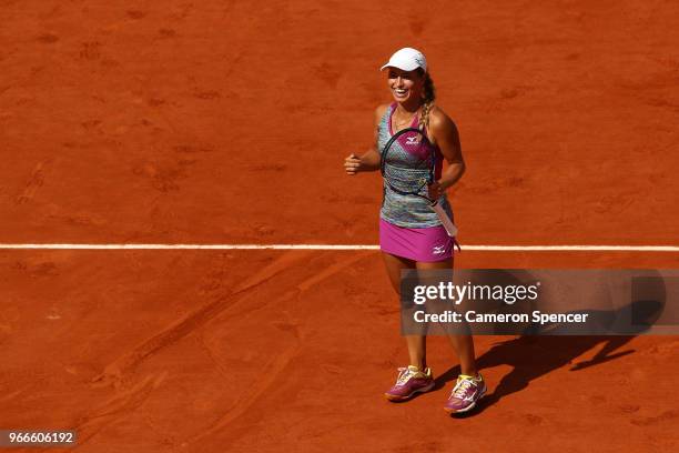 Yulia Putintseva of Kazhakstan celebrates victory during her ladies singles third round match against Barbora Strycova of Czech Republic during day...