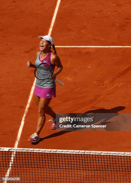 Yulia Putintseva of Kazhakstan celebrates victory during her ladies singles third round match against Barbora Strycova of Czech Republic during day...