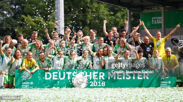 The Team of Wolfsburg celebrate the champion chip after the Allianz Frauen Bundesliga match between VfL Wolfsburg and 1. FC Koeln at AOK-Stadion on...