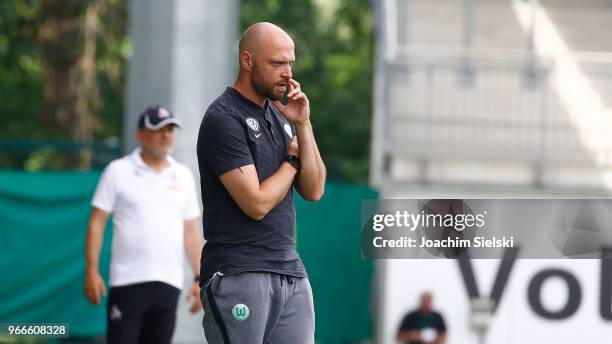 Coach Stephan Lerch of Wolfsburg during the Allianz Frauen Bundesliga match between VfL Wolfsburg and 1. FC Koeln at AOK-Stadion on June 3, 2018 in...