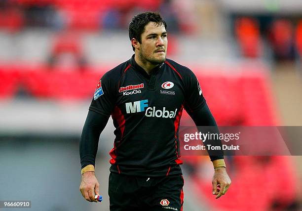 Brad Barritt of Saracens looks on during the Guinness Premiership match between Saracens and Worcester Warriors at Wembley Stadium on February 13,...