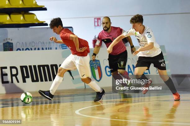 Player of Team of La Meridiana and Player of Team of Aosta in action during "Finali Nazionali Allievi e Giovanissimi Calcio a Cinque" Youth Soccer...