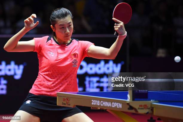 Ding Ning of China competes during women's singles final match against Wang Manyu of China on day four of the 2018 ITTF World Tour China Open at...