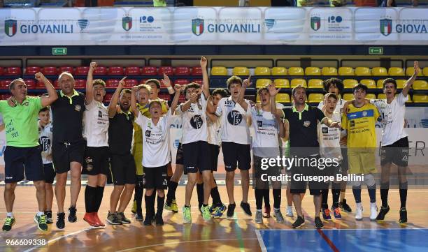 Players of Team Aosta celebrate the victory after the match "Finali Nazionali Allievi e Giovanissimi Calcio a Cinque" Youth Soccer Tornament at...