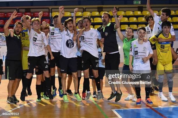 Players of Team Aosta celebrate the victory after the match "Finali Nazionali Allievi e Giovanissimi Calcio a Cinque" Youth Soccer Tornament at...