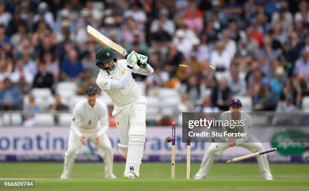 Pakistan batsman Azhar Ali is bowled by James Anderson during day three of the 2nd Test Match between England and Pakistan at Headingley on June 3,...