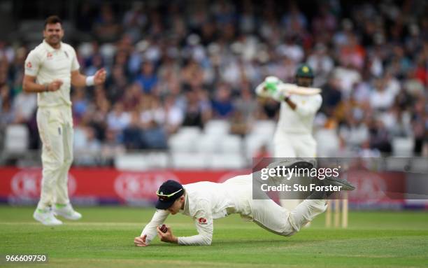 England fielder Dominic Bess catches out Haris Sohail during day three of the 2nd Test Match between England and Pakistan at Headingley on June 3,...