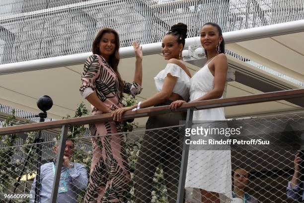 Miss France 2014 Flora Coquerel,Miss France 2017 Alicia Aylies and Miss France 2010 Malika Mesnard attend the 2018 French Open - Day Eight at Roland...