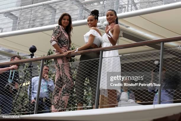 Miss France 2014 Flora Coquerel,Miss France 2017 Alicia Aylies and Miss France 2010 Malika Mesnard attend the 2018 French Open - Day Eight at Roland...