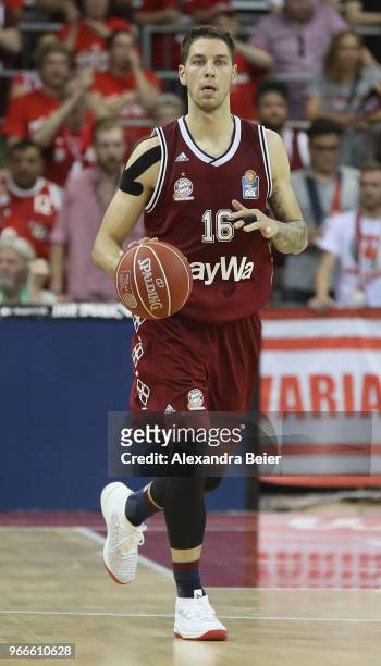 Stefan Jovic of FC Bayern Muenchen plays the ball during the first play-off game of the German Basketball Bundesliga finals at Audi-Dome on June 3,...