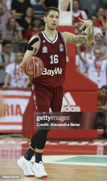 Stefan Jovic of FC Bayern Muenchen plays the ball during the first play-off game of the German Basketball Bundesliga finals at Audi-Dome on June 3,...