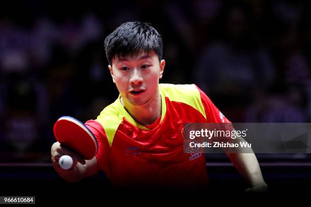 Ma Long of China in action at the men's singles final compete with Fan Zhendong of China during the 2018 ITTF World Tour China Open on June 3, 2018...