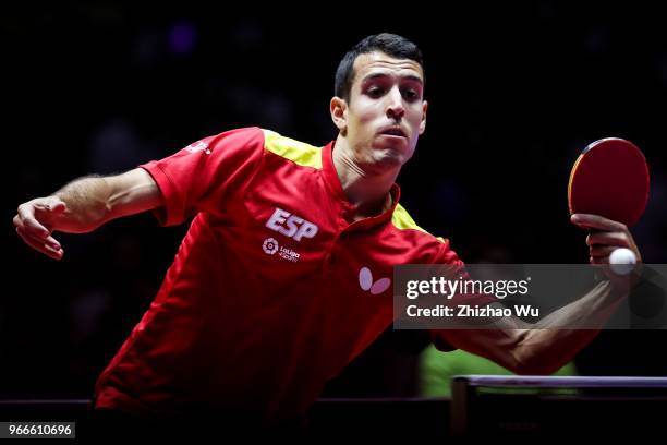 Robles Alvaro of Spain in action at the men's doubles final compete with Fan Zhendong and Lin Gaoyuan of China during the 2018 ITTF World Tour China...